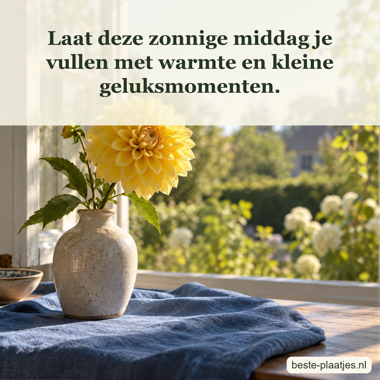 Een gele dahlia staat bij een zonnig raam naast blauw linnen.