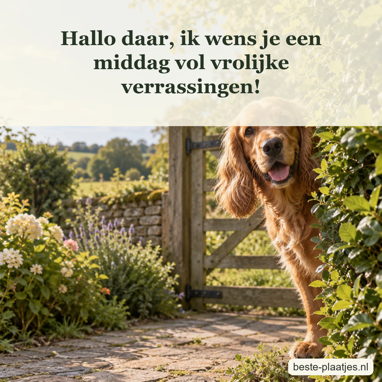 Een golden spaniel kijkt nieuwsgierig langs een groene tuinheg.