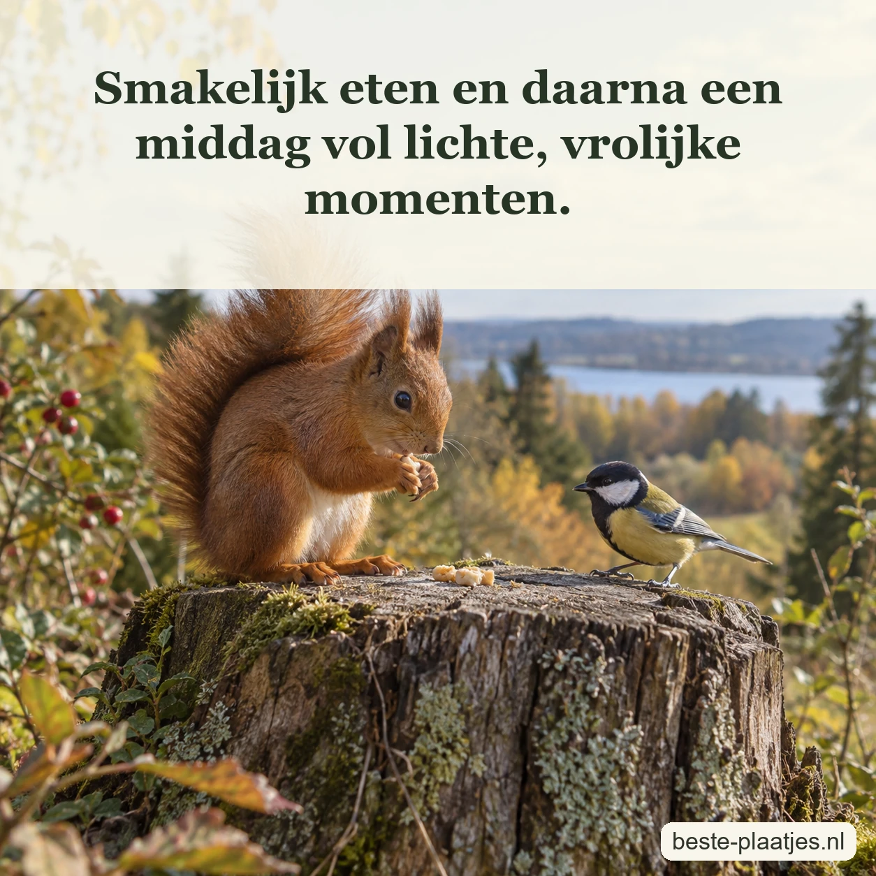 Een eekhoorn eet een kruimel terwijl een kleine zangvogel dichtbij zit.