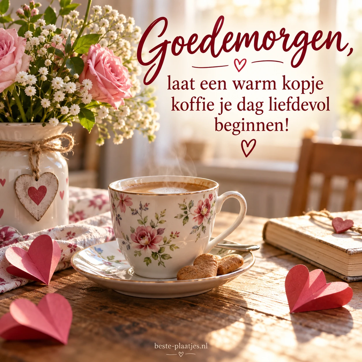 Een bloemrijk koffiekopje en papieren hartjes brengen warmte aan de ontbijttafel. Een bloemrijk koffiekopje en papieren hartjes brengen warmte aan de ontbijttafel.