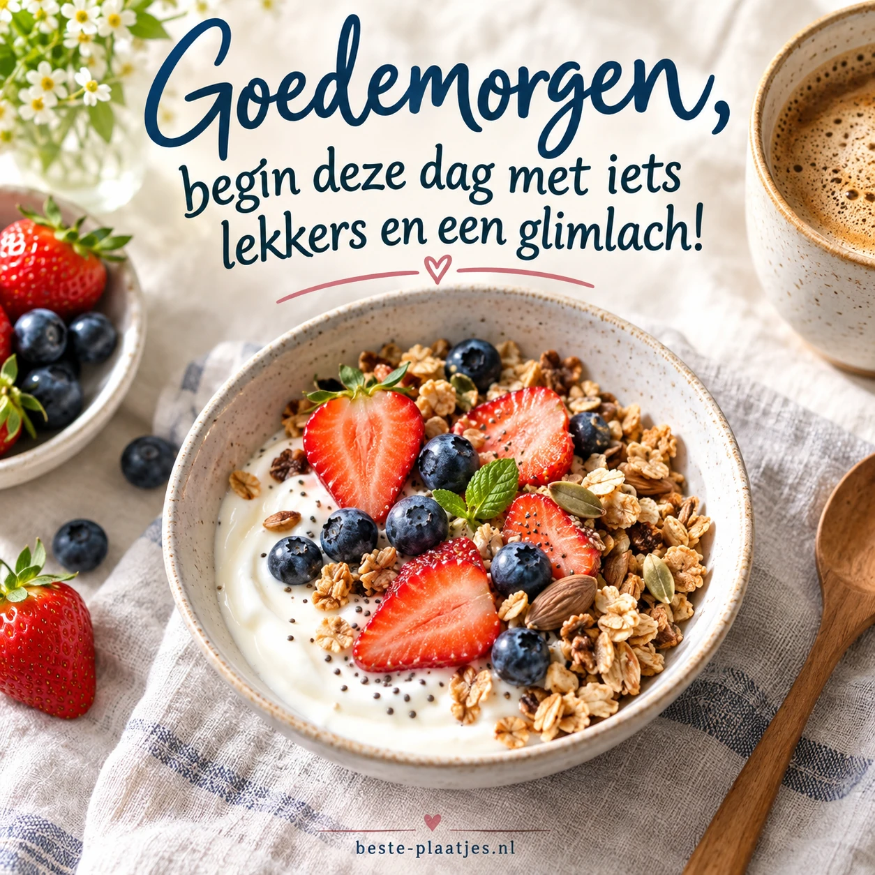 Een kleurrijke ontbijtkom met bessen en granola staat klaar op tafel.