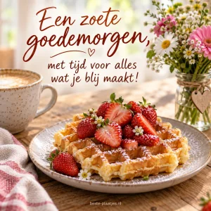 Een goudbruine wafel met aardbeien staat naast een vaasje bloemen.