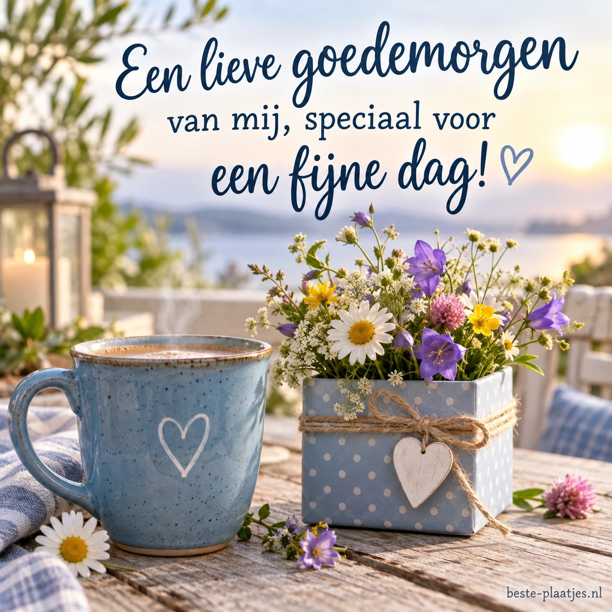 Een blauwe mok en een doosje met veldbloemen vormen een zachte ochtendgroet. Een blauwe mok en een doosje met veldbloemen vormen een zachte ochtendgroet.