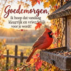 Een rode vogel zit op een voederhuisje tussen warme herfstbladeren.
