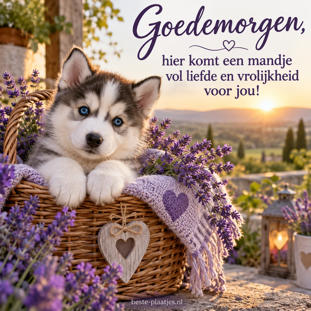 Een jonge husky zit in een mandje tussen paarse bloemen. Een jonge husky zit in een mandje tussen paarse bloemen.
