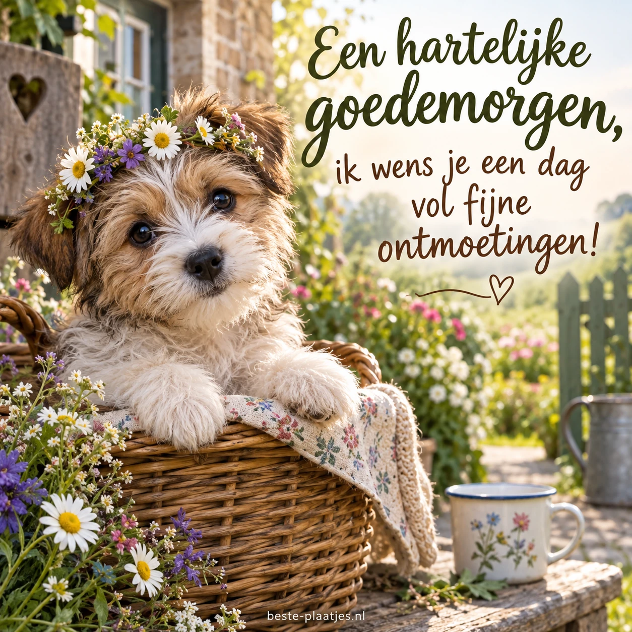 Een klein hondje zit met een bloemenkrans in een rieten mand.