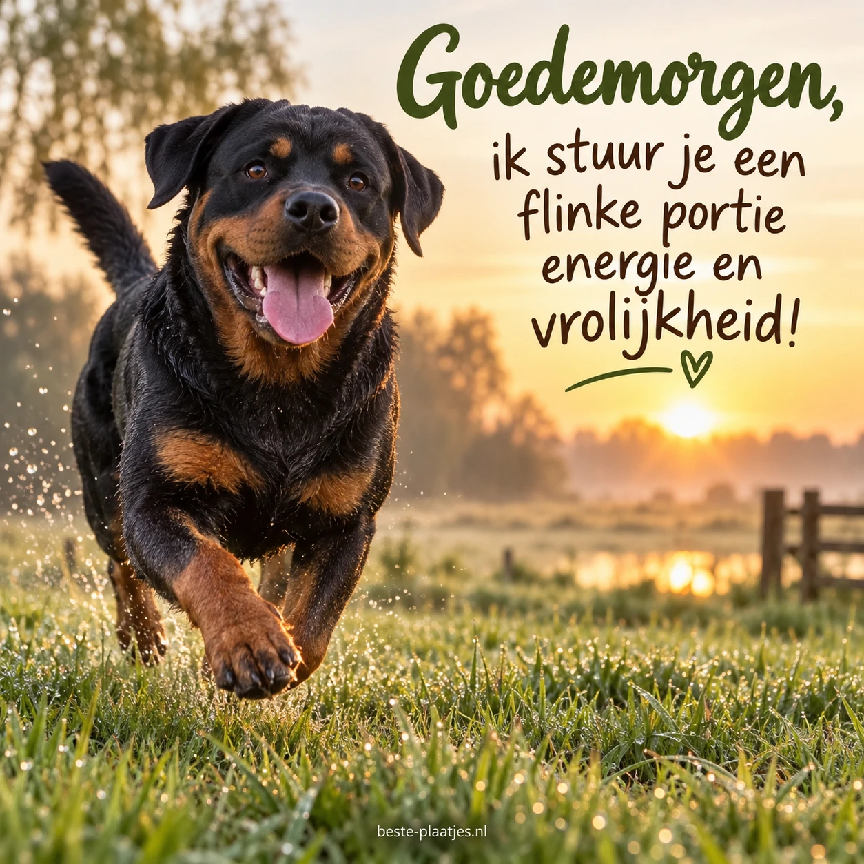 Een jonge rottweiler rent enthousiast door het bedauwde gras.