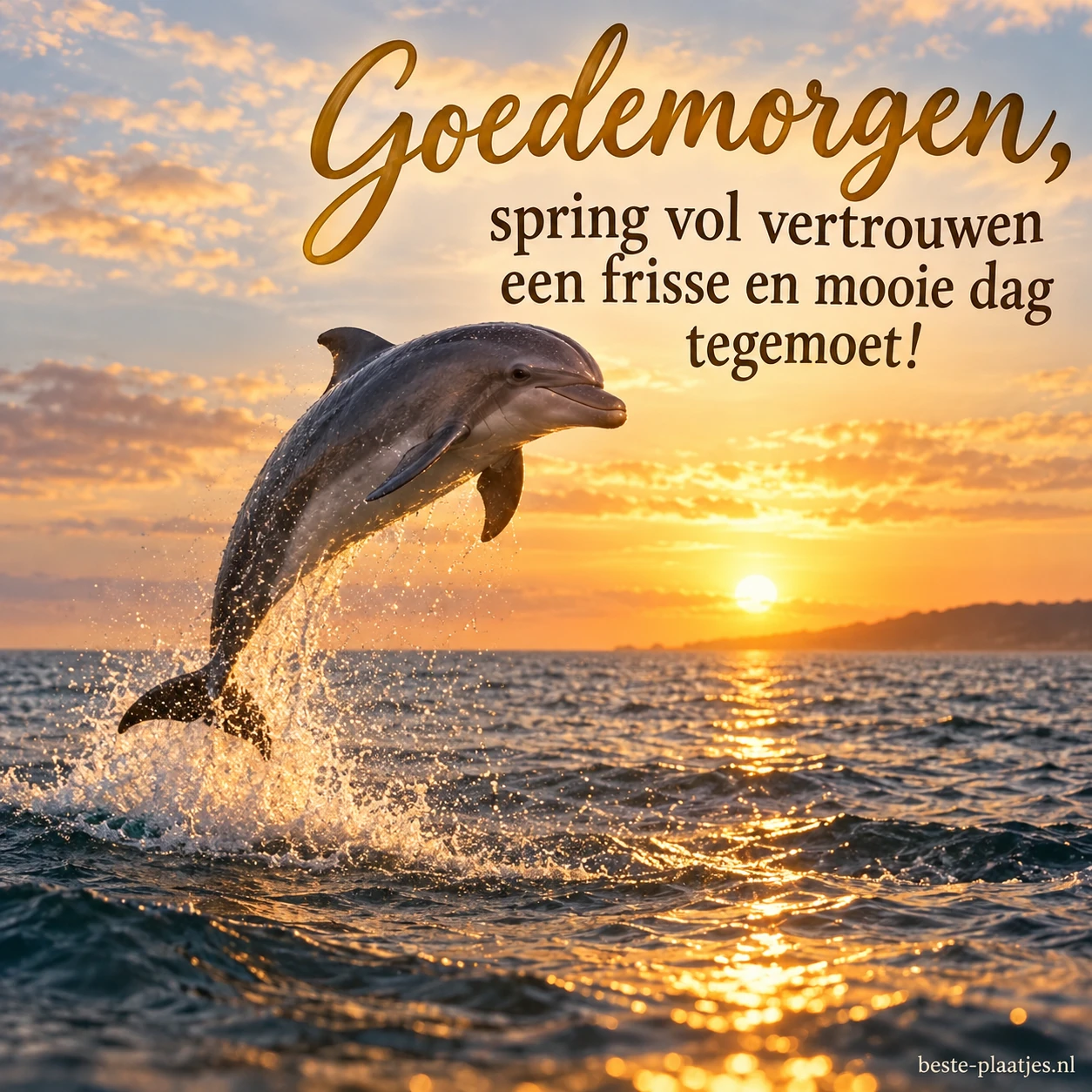 Een dolfijn springt boven het water uit in de warme zonsopgang.