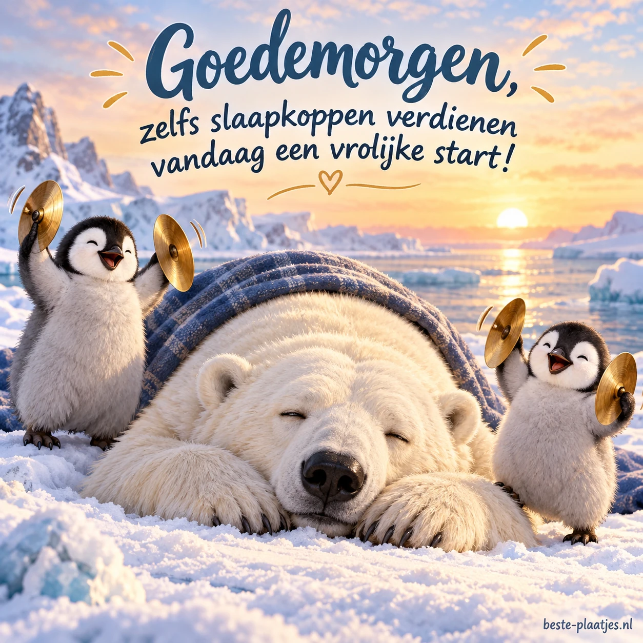 Twee pinguïns proberen een slapende ijsbeer op te vrolijken.