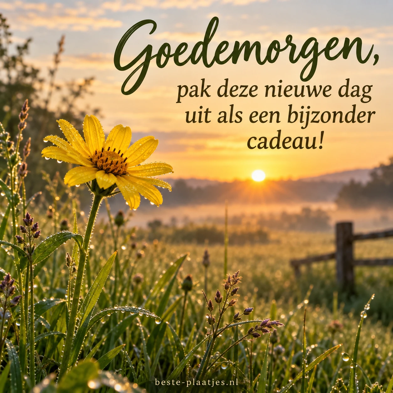 Een gele bloem opent zich in het gouden licht boven een groene weide.