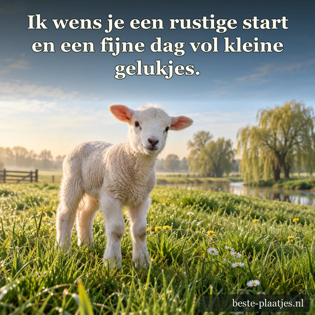 Een lammetje staat in een groene wei onder de blauwe ochtendlucht.