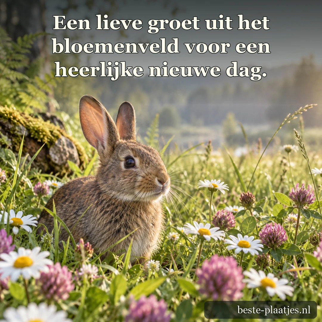 Een klein konijn zit tussen madeliefjes en paarse bloemen in het gras.