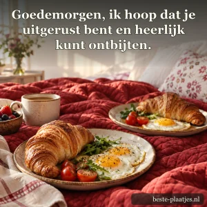 Een ontbijt met eieren en croissants staat op een rood dekbed.