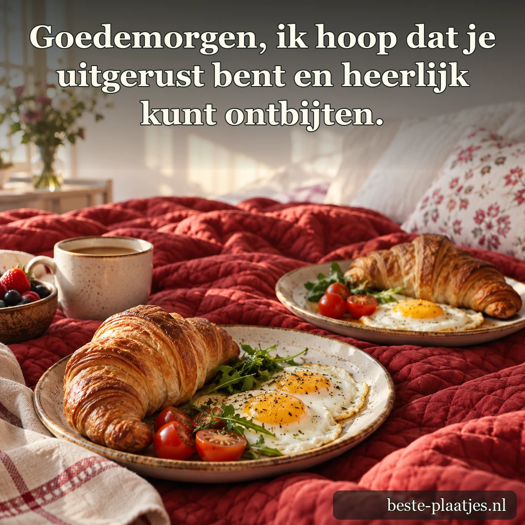 Een ontbijt met eieren en croissants staat op een rood dekbed.