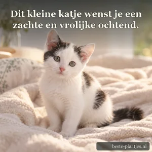 Een wit katje met zwarte vlekken zit op een lichte deken.