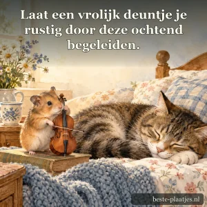Een hamster speelt een ochtenddeuntje naast een kat die vredig slaapt.