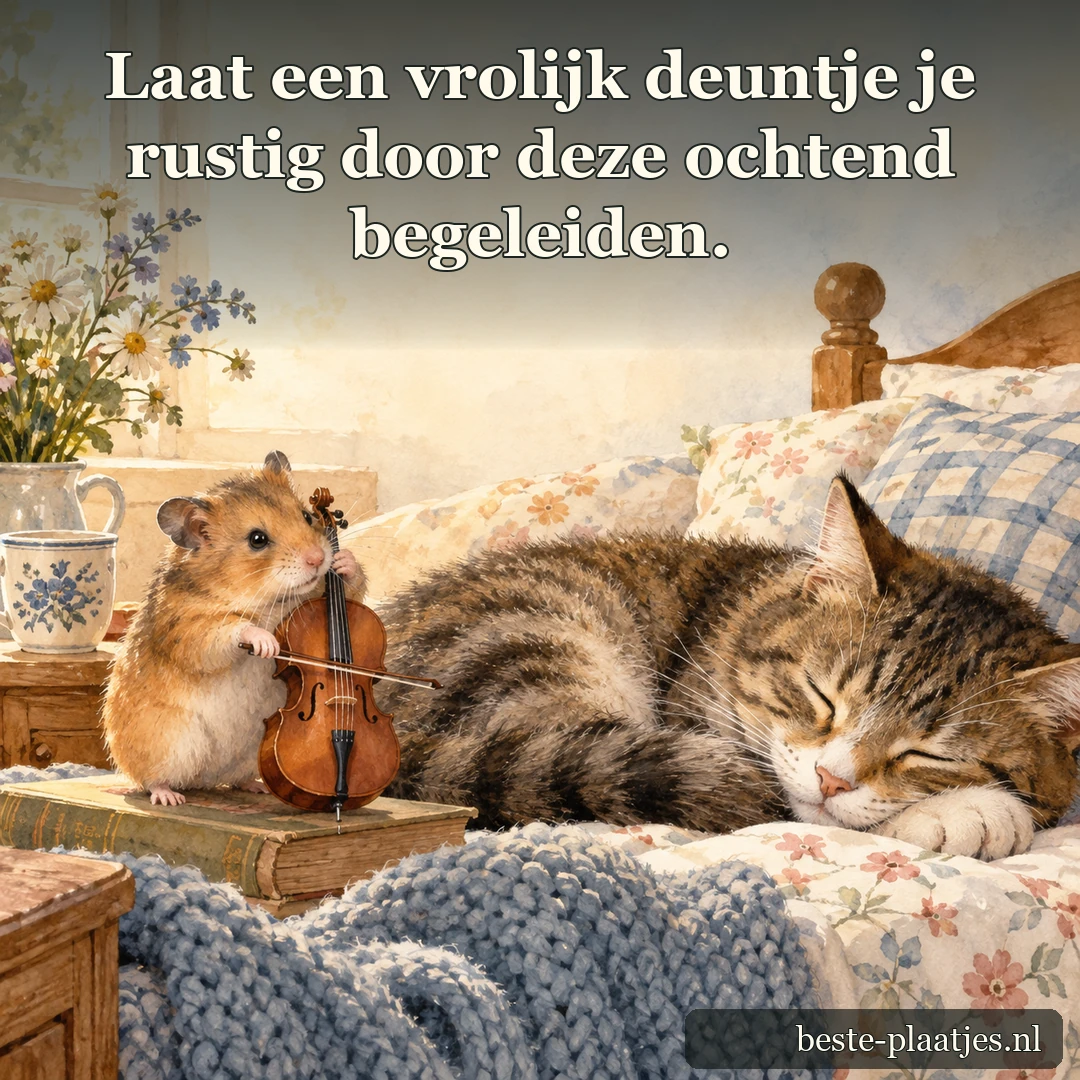Een hamster speelt een ochtenddeuntje naast een kat die vredig slaapt.