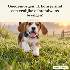 Een jonge hond rent enthousiast over het gras naar de camera.