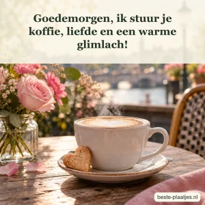 Een koffiekop met hartje staat tussen verse bloemen op tafel.