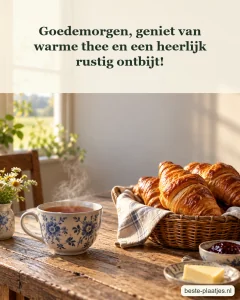 Een kop thee dampt naast een mandje verse croissants.