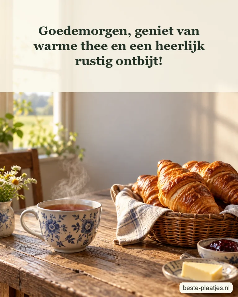 Een kop thee dampt naast een mandje verse croissants.
