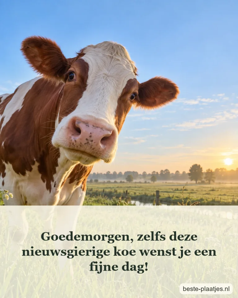 Een koe kijkt nieuwsgierig naar de camera in een zonnige wei.