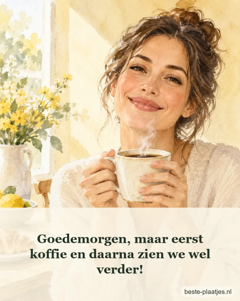 Een vrolijk getekend gezicht houdt een warme kop koffie vast.