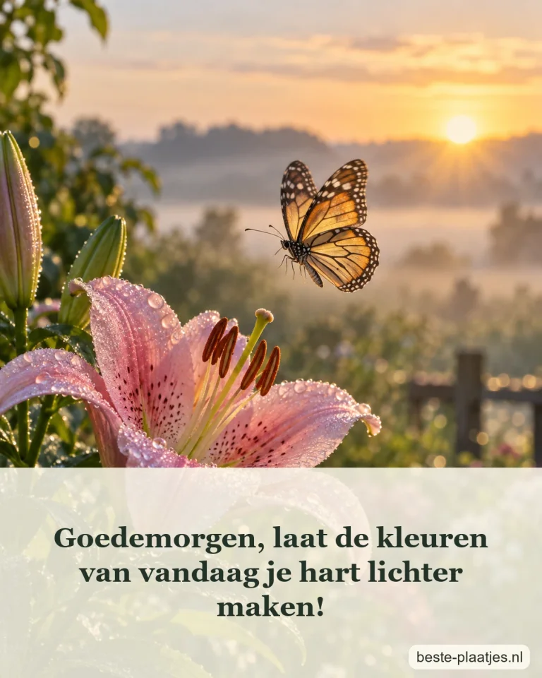 Een vlinder zweeft boven een roze lelie in de ochtendzon.