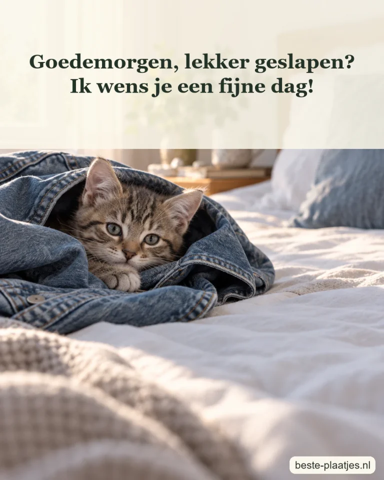 Een slaperig katje kijkt uit een opgevouwen spijkerjasje.