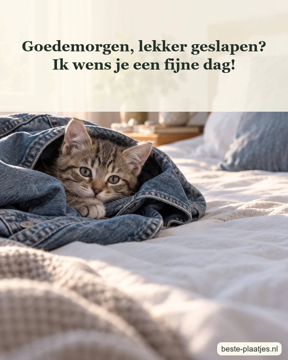 Een slaperig katje kijkt uit een opgevouwen spijkerjasje.