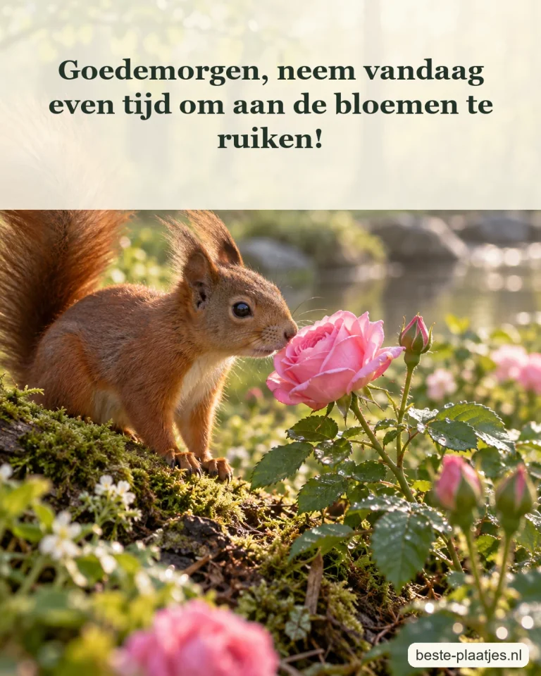 Een eekhoorn snuffelt aan een roze bloem in het ochtendlicht.