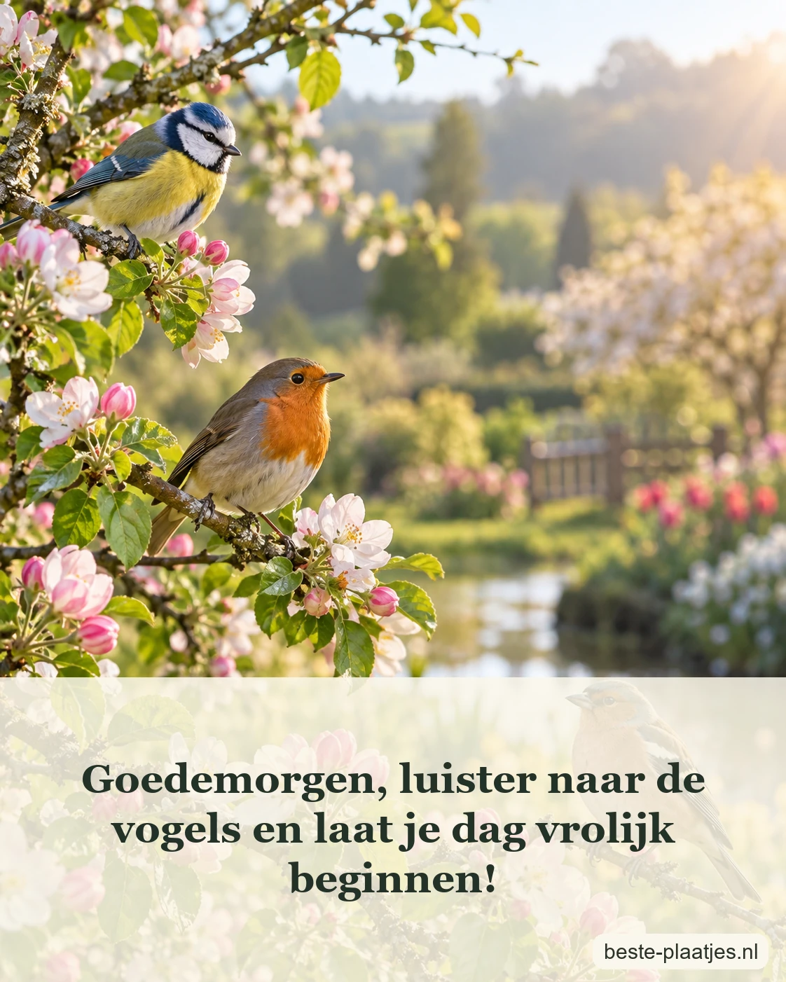 Kleurrijke zangvogels zitten tussen de bloeiende takken.