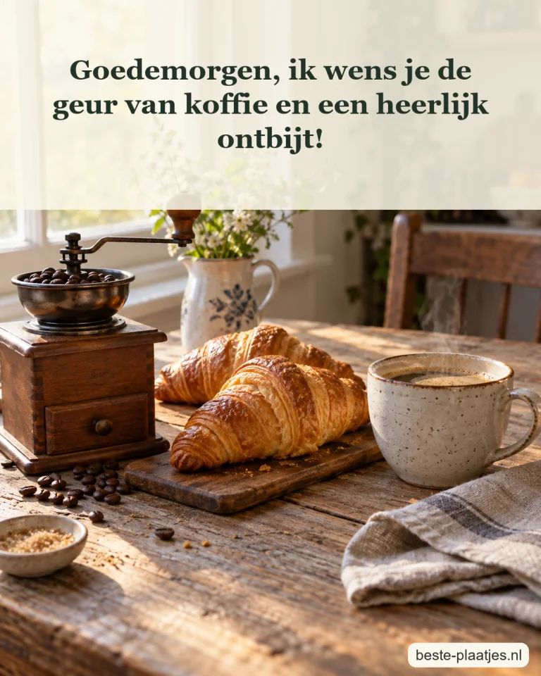 Verse croissants en koffie staan naast een oude koffiemolen.