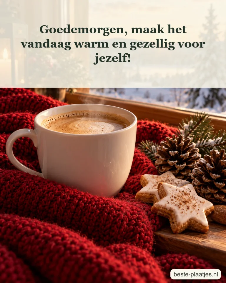 Een warme koffiekop staat bij sterkoekjes op een rood wollen kleed.
