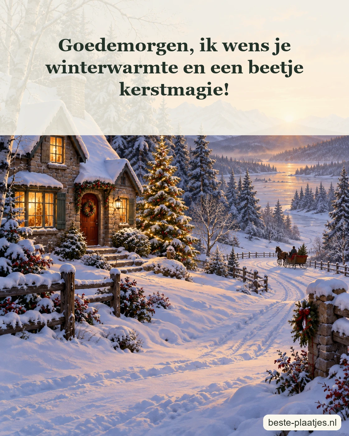 Een paardenslee rijdt langs een verlicht huis in een besneeuwd bos.