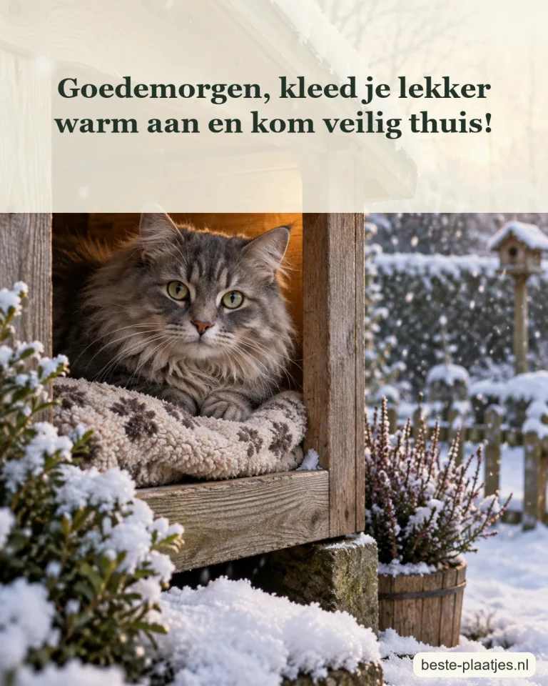 Een kat schuilt in een houten huisje terwijl buiten sneeuw valt.