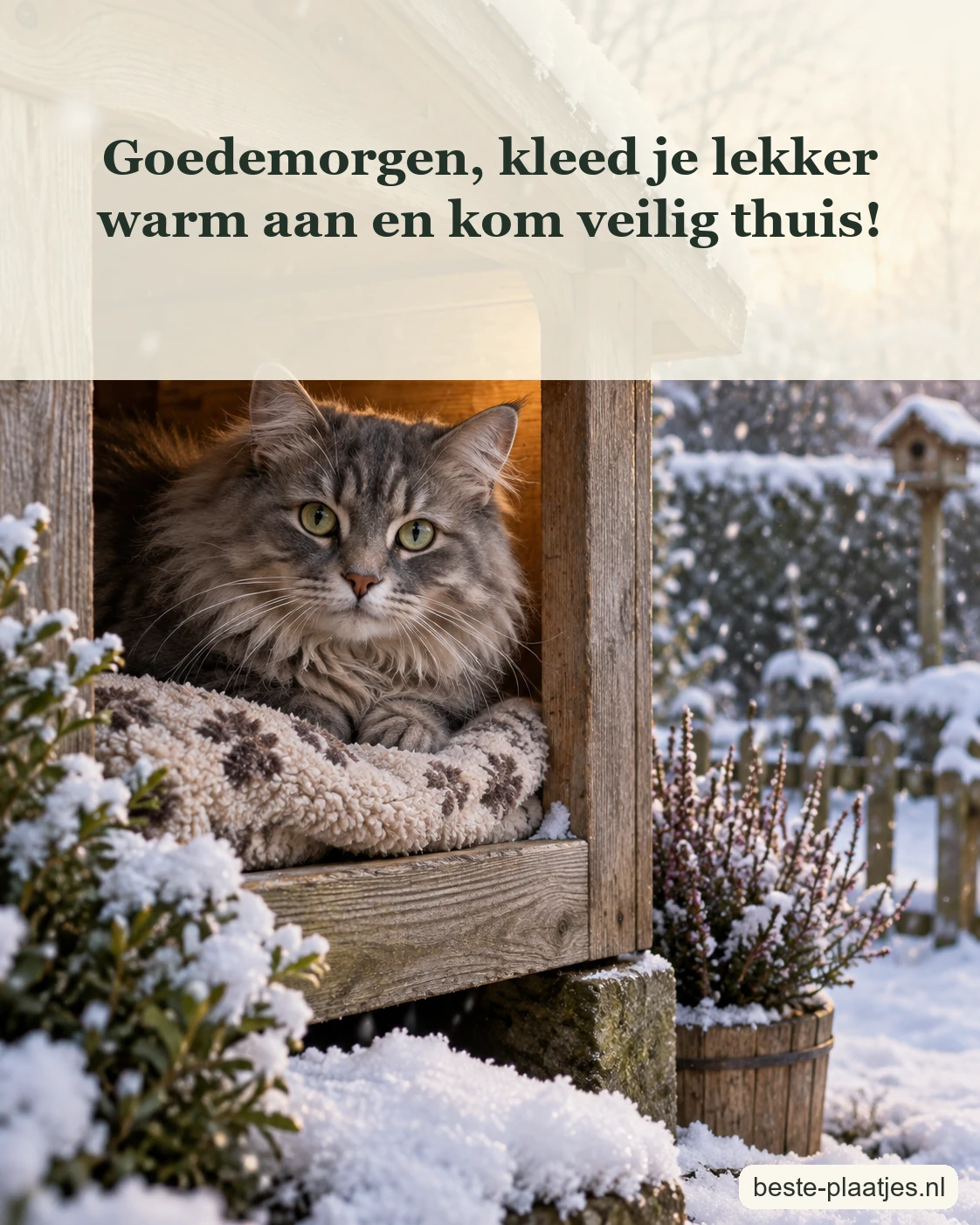 Een kat schuilt in een houten huisje terwijl buiten sneeuw valt.