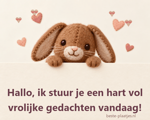 Een stoffen konijntje kijkt boven een kaart uit terwijl zachte hartjes zweven.