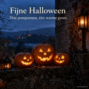 Drie verlichte pompoenen op een donkere muur zorgen voor een spannende Halloweensfeer.
