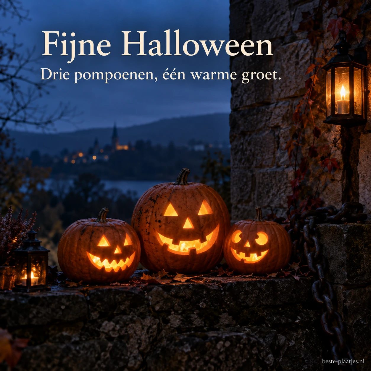 Drie verlichte pompoenen op een donkere muur zorgen voor een spannende Halloweensfeer. Drie verlichte pompoenen op een donkere muur zorgen voor een spannende Halloweensfeer.