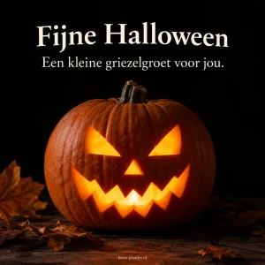 Een uitgesneden pompoen met een ondeugend gezicht brengt een Halloweenwens.