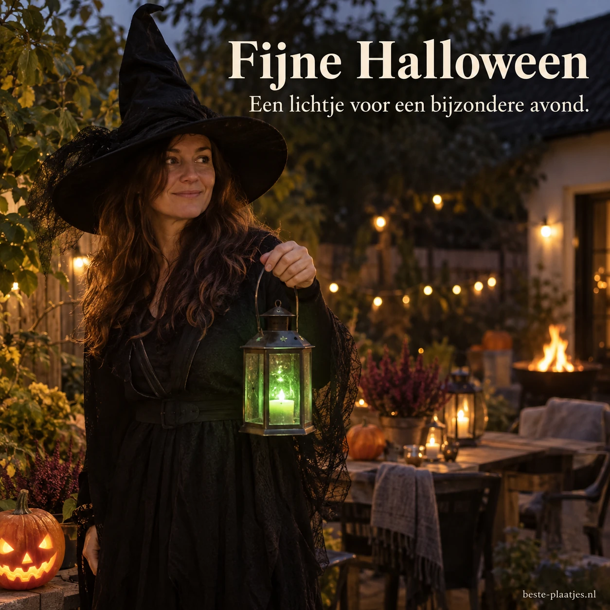 Een vrouw met een heksenhoed en een groene lantaarn brengt een sfeervolle Halloweengroet. Een vrouw met een heksenhoed en een groene lantaarn brengt een sfeervolle Halloweengroet.