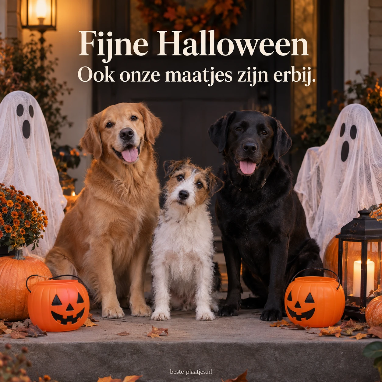 Honden naast spookdecoraties en pompoenmandjes maken Halloween gezellig. Honden naast spookdecoraties en pompoenmandjes maken Halloween gezellig.