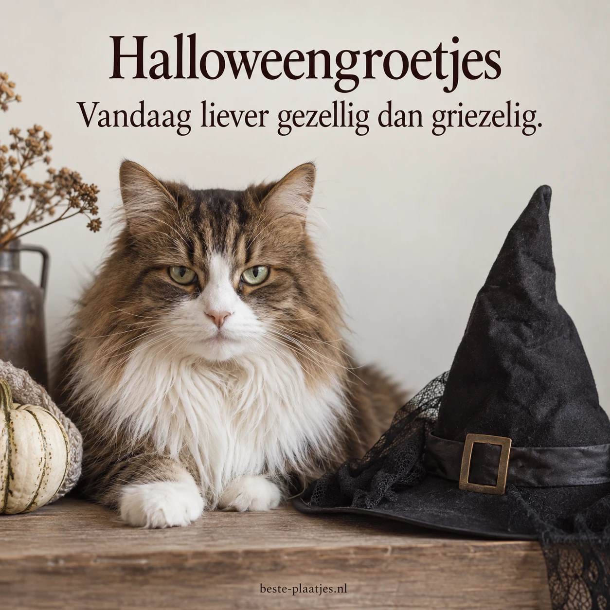 Een serieus kijkende kat naast een heksenhoed brengt een grappige Halloweengroet. Een serieus kijkende kat naast een heksenhoed brengt een grappige Halloweengroet.