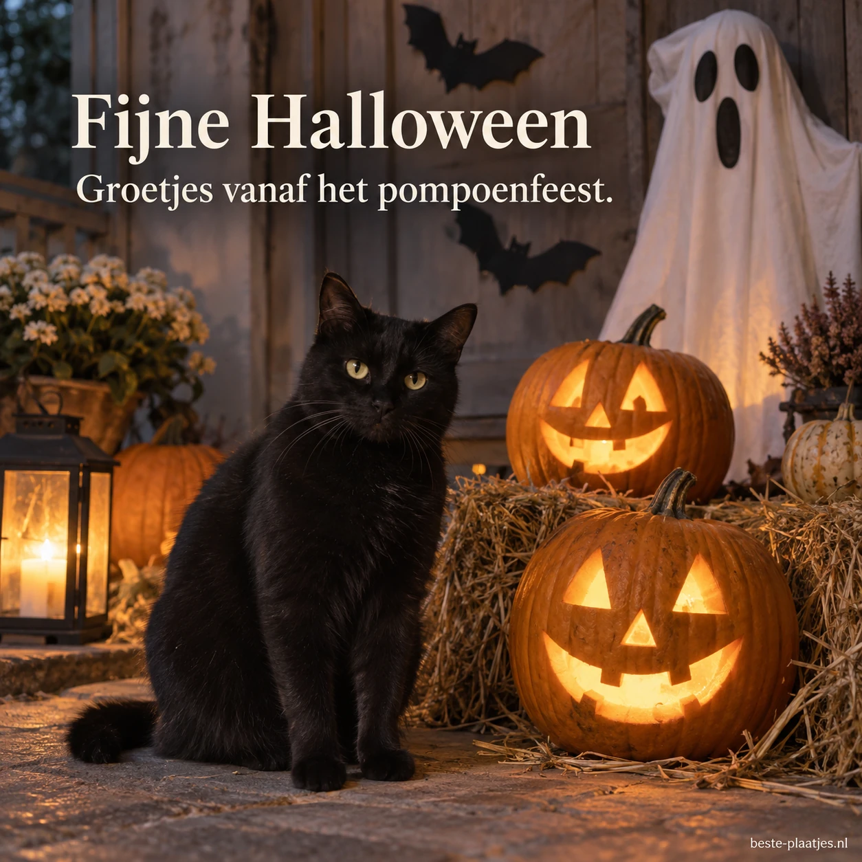 Een zwarte kat, pompoenen en hooibalen vormen een gezellige Halloweenhoek. Een zwarte kat, pompoenen en hooibalen vormen een gezellige Halloweenhoek.
