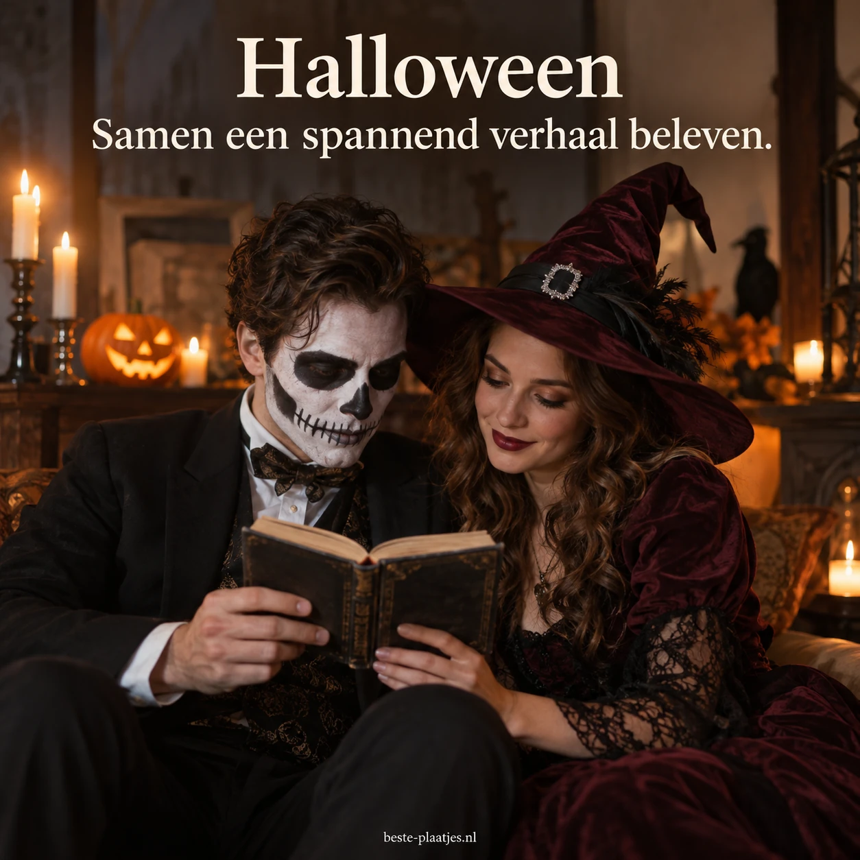 Twee mensen in Halloweenkostuums lezen samen een spannend verhaal. Twee mensen in Halloweenkostuums lezen samen een spannend verhaal.