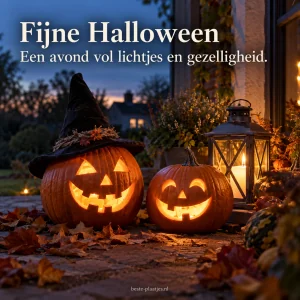 Verlichte pompoenen en een lantaarn brengen een warme Halloweensfeer.