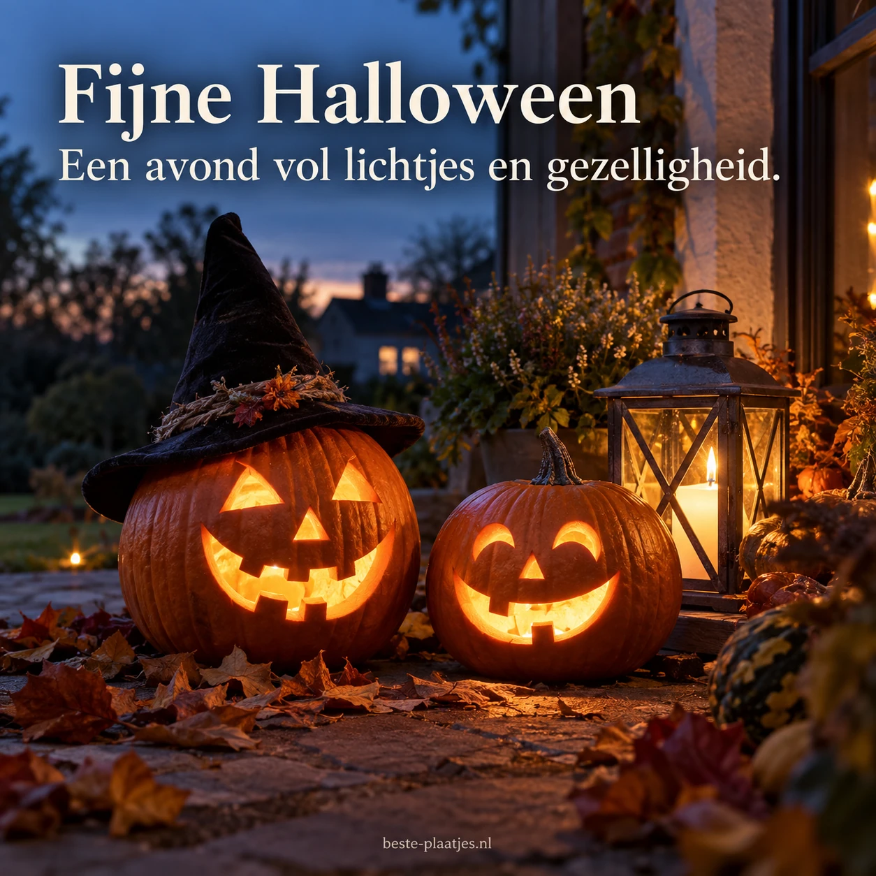 Verlichte pompoenen en een lantaarn brengen een warme Halloweensfeer. Verlichte pompoenen en een lantaarn brengen een warme Halloweensfeer.