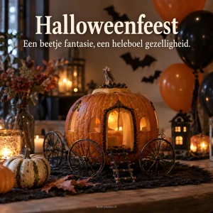 Een zelfgemaakte pompoenkoets met ballonnen en vleermuisdecoraties maakt Halloween feestelijk.