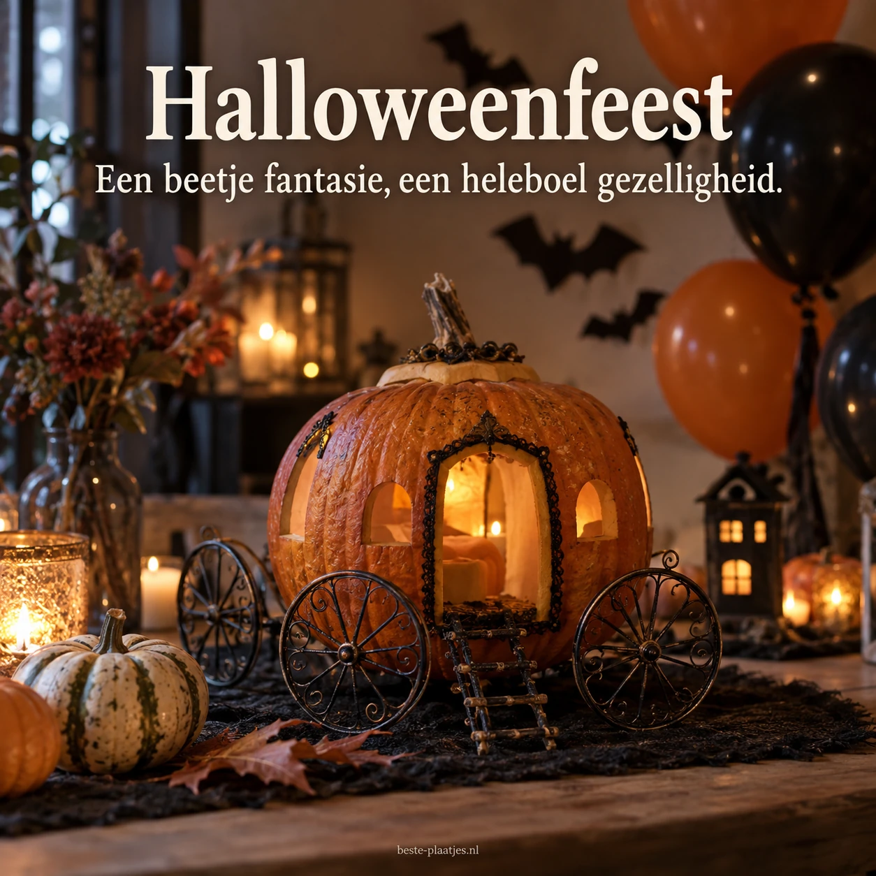 Een zelfgemaakte pompoenkoets met ballonnen en vleermuisdecoraties maakt Halloween feestelijk. Een zelfgemaakte pompoenkoets met ballonnen en vleermuisdecoraties maakt Halloween feestelijk.